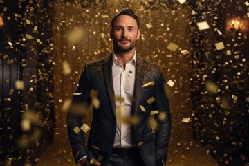Fototapeta na wymiar A businessman standing amidst a shower of golden confetti