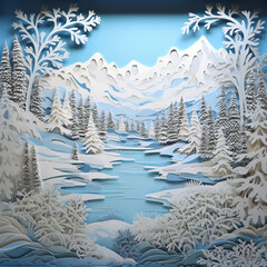 winter landscape with snow-capped mountains and a river, an illustration cut out of paper