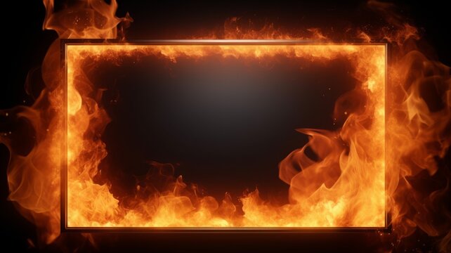 Fire Creative Abstract Geometric Frame. Textured photorealistic mount. Abstract Bright Surface Geometrical Horizontal Background. Ai Generated Photo frame with copy space.