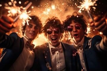 Two stylish men with sparklers in hand, adding a touch of excitement to the night