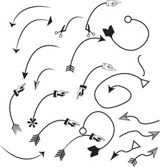 Hand drawn arrows collection Set simple flat arrows isolated on white background. Arrow mark icons and arrow paint. Stock vector