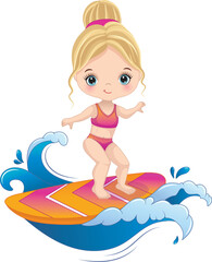 Vector Cartoon Cute Blond Girl Surfing