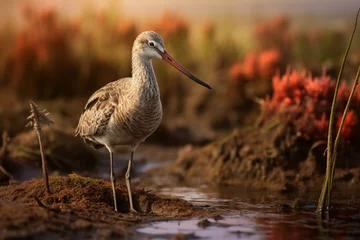Foto op Plexiglas A marbled godwit foraging at the wetlands of Texas South Padre Island. Generative AI © Sirius
