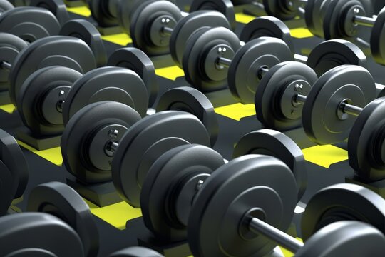 Rows of dumbbells with heavy plates. Sports equipment. 3d render, Generative AI