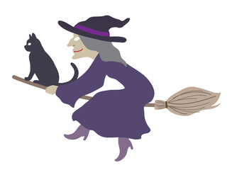 Halloween outlined vector illustration element of cute, fun and spooky flying wicked witch in purple costume with a cat on the broom