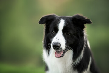 Portrait of black white border collie with tongue out on green summer park background