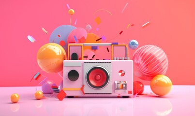 Radio and record among colorful balls on a pink background.-3d rendering, Generative AI