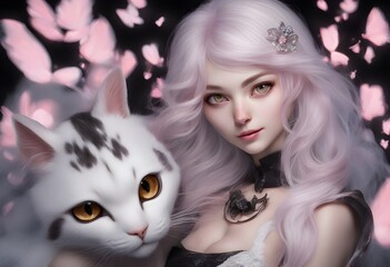 anime portrait of a woman with a cat