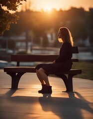 person sitting on bench in park looking at the sunset