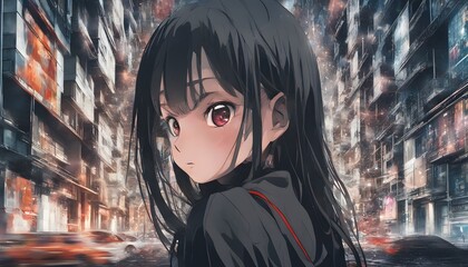 anime portrait of a woman in the city