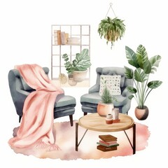 Cozy room interior with furniture, carpet, pictures and houseplants in pots. Composition in hygge style. Scandinavian interior. Boho lifestyle. Isolated watercolor, Generative AI