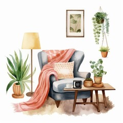 Cozy room interior with furniture, carpet, pictures and houseplants in pots. Composition in hygge style. Scandinavian interior. Boho lifestyle. Isolated watercolor, Generative AI