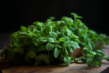 Fresh thyme and oregano herbs on wooden table and dark  background. Generative AI
