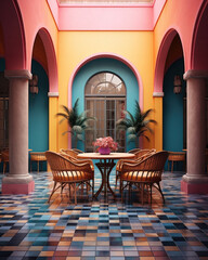 Fototapeta premium A very bright and colorful room with colored chairs and a table, an arched window and living plants, a fashionable stylish interior