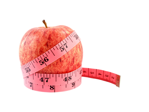 apple with measuring tape, healthy eating, diet and weight loss concept