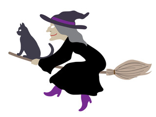 Halloween outlined vector illustration element of cute, fun and spooky flying wicked witch in purple costume with a cat on the broom