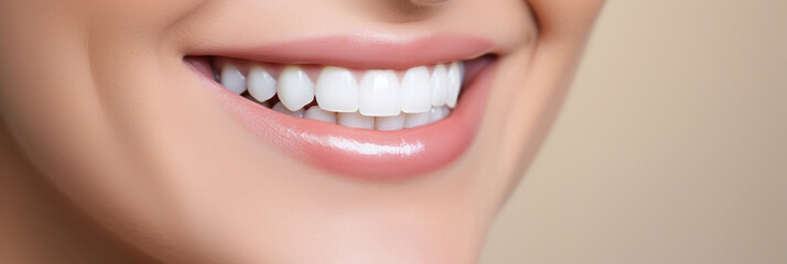 Obraz premium WOMAN SMILING, SHOWING WHITE HEALTHY TEETH, CLOSE-UP. TEMPLATE FOR DENTAL ADVERTISING POSTER, legal AI