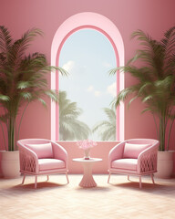 Fototapeta na wymiar A very bright and pink room with colored chairs and a table, an arched window and living plants, a fashionable stylish interior