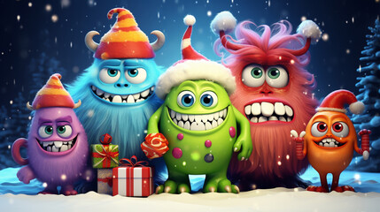 Colorful Christmas Card with Happy, Funny, Cartoon Monsters, legal AI