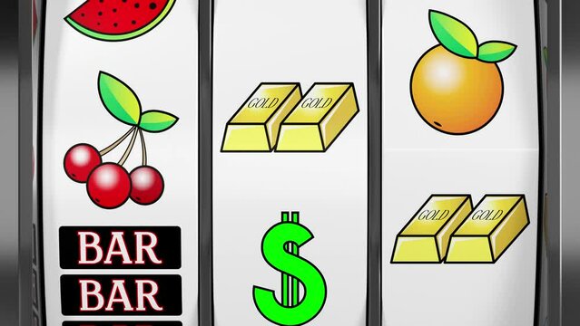 Classic jackpot slot machine in casino with winning cherry fruits - 3D 4k animation (3840 x 2160 px)