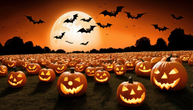 Hundreds of Halloween Carved Pumpkin in a field with a full moon rising over the horizon in the distance. Bats flying in the sky.