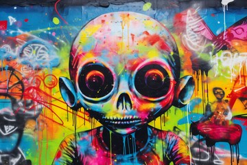 Colorful graffiti painting of an alien
