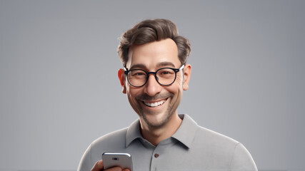 A man smiling and laughing and holding a mobile phone. Wearing glasses. Goofy man. Cheerful. - obrazy, fototapety, plakaty