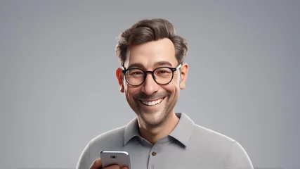 Fotobehang A man smiling and laughing and holding a mobile phone. Wearing glasses. Goofy man. Cheerful. © Delta Amphule