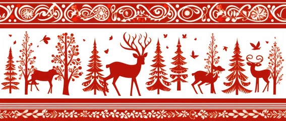 Foto op Plexiglas A red and white border with deer and tree motifs © pham
