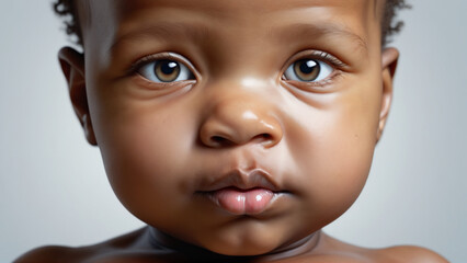 An extreme close up of an african child's face.  Serious face expression. Sadness. - obrazy, fototapety, plakaty