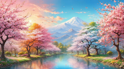 Cherry blossom trees, a river and a mountain. Flowers blooming on a tree branch. Idyllic landscape scene. Paradise.