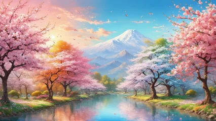 Fotobehang Lichtroze Cherry blossom trees, a river and a mountain. Flowers blooming on a tree branch. Idyllic landscape scene. Paradise.