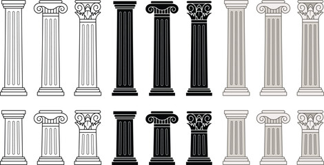Greek Columns Clipart - Outline, Silhouette & Color - obrazy, fototapety, plakaty