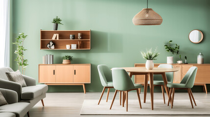 Scandinavian Mid-Century Living Room - Mint Chairs & Wooden Table Home Interior Design, generative Ai
