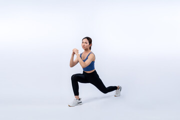 Fototapeta na wymiar Vigorous energetic woman doing exercise. Young athletic asian woman strength and endurance training session as squat workout routine session. Full body studio shot on isolated background.