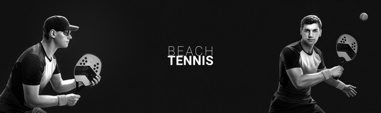 Beach Tennis Player With Racket. Banner For Advertisement. Man Athlete Playing Isolated On Black Background.