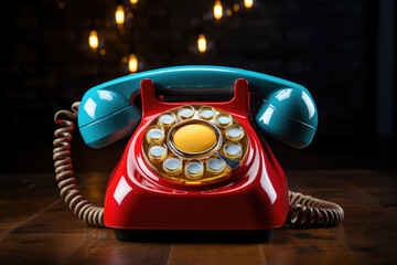 A red and blue retro disc telephone, AI
