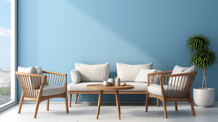 Scandinavian Mid-Century Living Room - Round Wooden Table & Barrel Chairs Interior Design, generative Ai