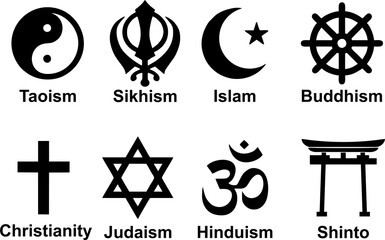 Religion icons set. set of religion black icons: buddhism, christianity, judaism, hinduism, islam.  - obrazy, fototapety, plakaty