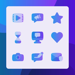 Essential ui icons in gradient style, for ui ux design, website icons, interface and business. Including video file, marketing, star, love, heart, camera, time, security message, etc.