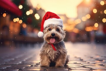 A cute dog in a festive santa hat on a city street