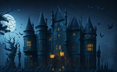 Fototapeta na wymiar Halloween castle in the night with bats and scary full moon light Background for Halloween created with generative ai