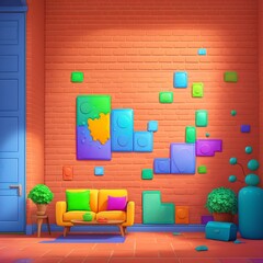 Pastel colored room, living room, modern style, 3D illustration, colorful brick wall generative AI