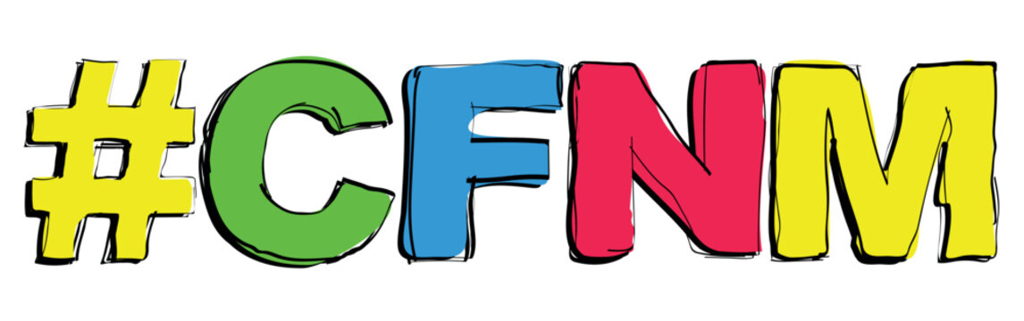#CFNM. Handwritten curved bright color text. Doodle outline of letters. Hashtag CFNM for social networks, web resources, mobile apps, games, t-shirts.