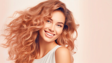 Against a pastel backdrop, a grinning woman with radiant hair and a warm, confident smile highlights a hair care product promotion.
