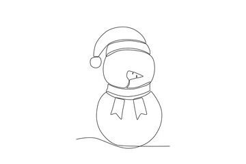 A snowman wearing a scarf and hat. Winter one-line drawing