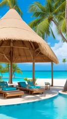 tropical beachfront resort with palm trees, thatched-roof cabanas, and a turquoise swimming pool with lounge chairs.