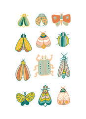 Set of beautiful winged insects, decorated with different ornaments isolated on a white background. All objects are separated. Vector illustration. Hand drawn.
