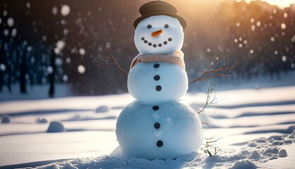 Snowman in field of Snow with Falling Snow