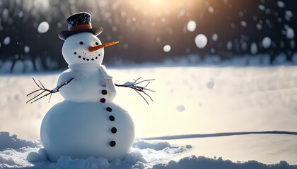 Obraz premium Snowman in field of Snow with Falling Snow